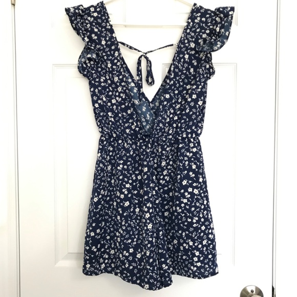 SHEIN Deep V-Neck Frill Tie Accent Floral Romper XS Dark Navy Blue White - Picture 9 of 16